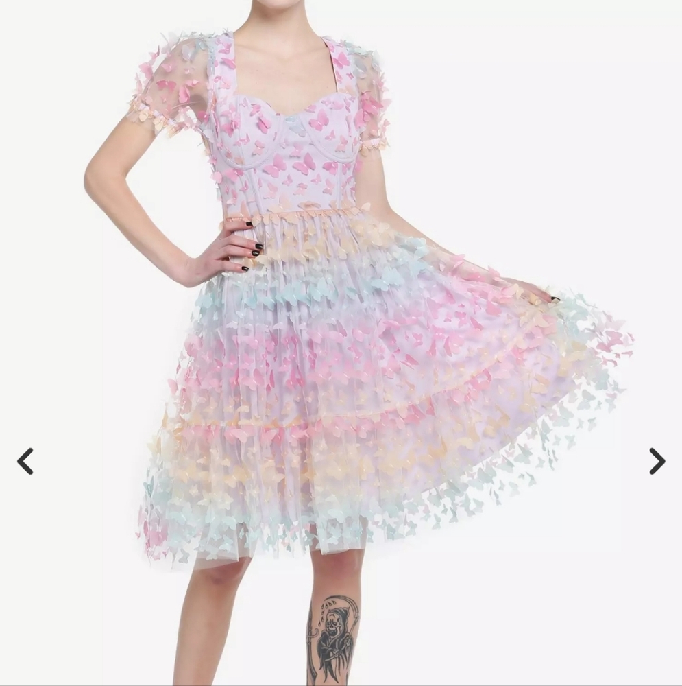 Sweet Society Pastel Butterfly Mesh Puff Sleeve Dress Hot Topic sz SM